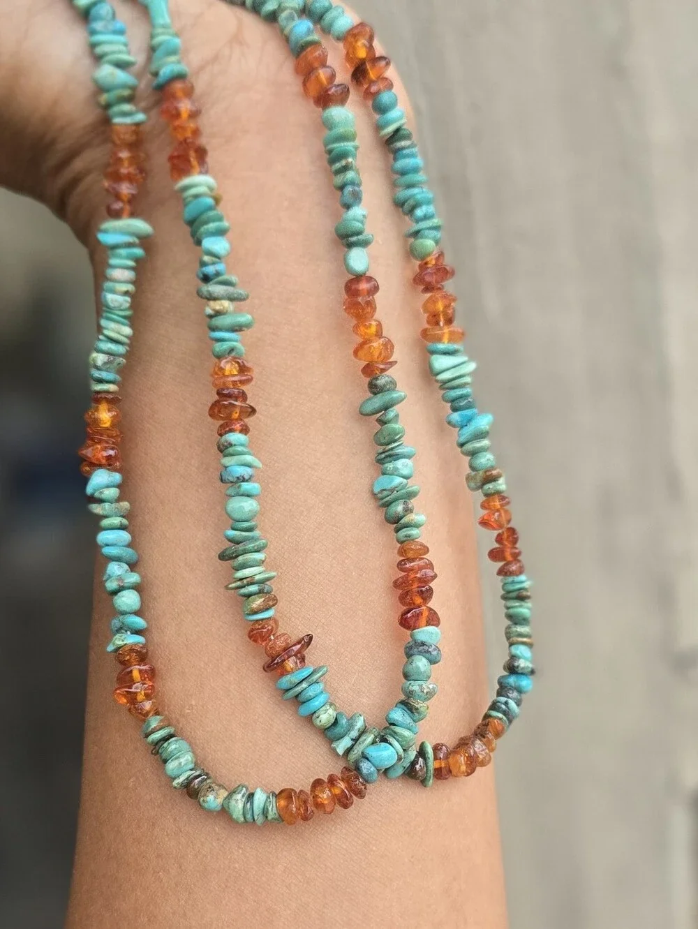 Southwestern double strand turquoise and amber 925 sterling silver necklace